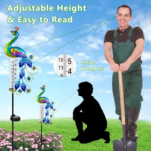 Peacock Rain Gauge Outdoor 36.6" Solar Powered Rain Gauges - color: Green Peacock