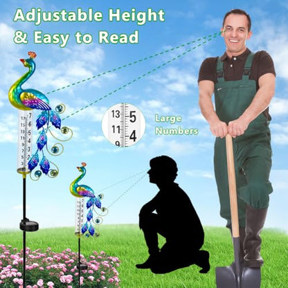 Peacock Rain Gauge Outdoor 36.6" Solar Powered Rain Gauges - color: Green Peacock