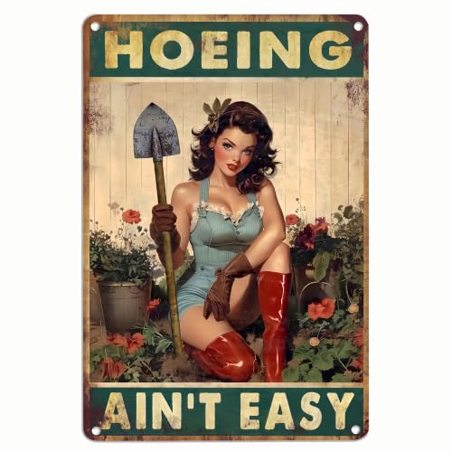 Hoeing Ain't Easy Vintage Garden Sign, 8x12 Inch Aluminum Tin Plaque, Funny Retro Gardening Wall Art for Farmhouse Yard, Outdoor Plant & Gardening Gift for Women - color: green hoeing