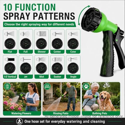 100FT Non-Expandable Flat Garden Hose with 10 Function Nozzle,No-Kink,Green - color: Green, size: 100FT