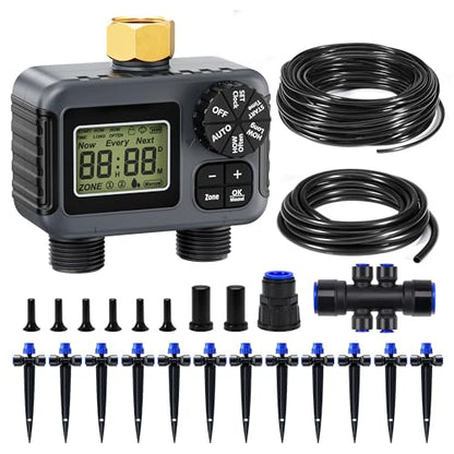 HIRALIY 50FT Drip Irrigation Kit with Garden Water Timer 2 Zone