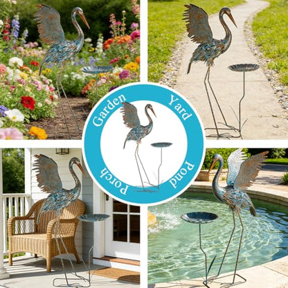 Large Heron Outdoor Statues with Leaf Tray - color: Blue & Gold-heron