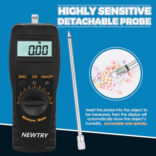 NEWTRY Moisture Meter Powder-Moisture Tester Range 0-100% with 9.6" Probe