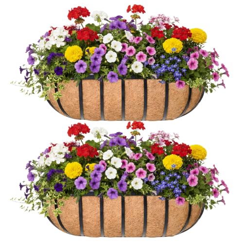 36“ Window Box Railing Planter with Coco Liner Metal Wall-Mounted Coconut Liner Planter Basket English Horse Trough Planters for Outdoor Deck Balcony Porch Fence Patio Black (2 Pack) - size: 36in