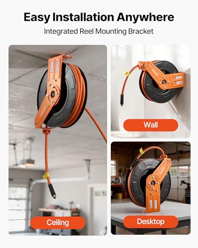 VEVOR Retractable Air Hose Reel, 1/2 Inch x 65 FT Rubber Air Hose Max 300PSI, Auto Rewind Air-Compressor Hoses Reel with 5 ft Lead in, Ceiling/Wall Mount for Garage Workshops - size: 1/2 in x 65 ft