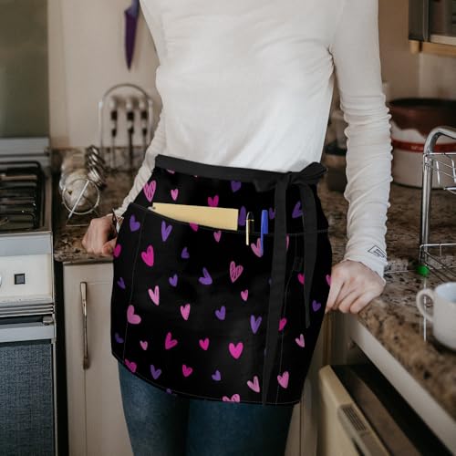 WIRESTER Unisex Waitress Apron for Servers, Half Waist Apron With 3 Pockets for Kitchen Cooking Restaurant Teacher Gardening - color: Purple Pink Hearts Pattern