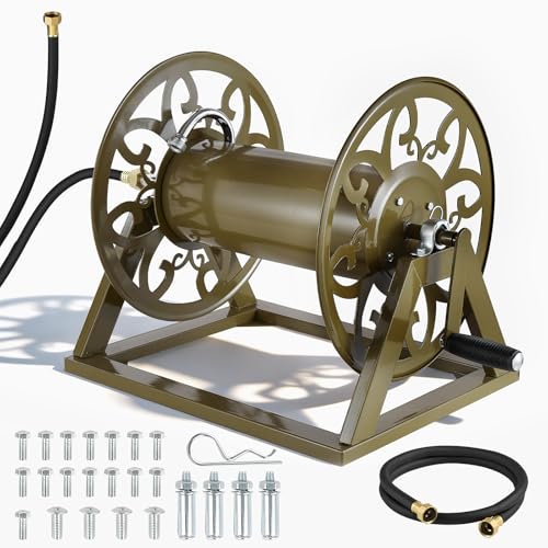 VEVOR Wall Mounted Garden Hose Reel, Holds 200 Feet of 5/8-inch Hose, Outdoor Heavy-Duty Waterhose Holder Winder, with Brass Connector, Decorative Pattern, Bronze Finish, for Backyards and Gardens - color: Bronze, size: 200ft, 5/8-inch, Wall Mounted