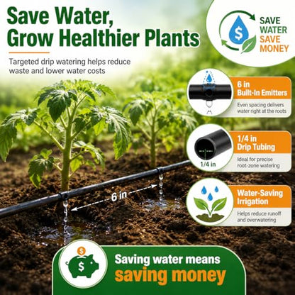 1/4 Drip Irrigation Tubing 200FT, Built-in 0.5 GPH Emitters, 6 Inch Spacing - size: 200FT