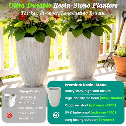 19" Mediterranean Beige Resin Tall Planters with Fluted Texture - color: 19"h-beige Fluted