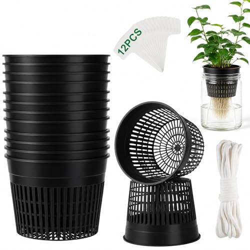Net Cups Hydroponics 12 Pack, 6 Inch Mesh Pots with Wick Cord - color: Black
