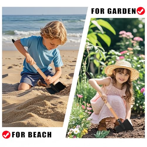 Kids Rake and Shovel Set, 4Pcs Garden Tools Metal Head with Wooden Handle, Great Gardening Gifts for Boys Girls Age 3 and Up - color: 2pcs black rakes& 2pcs shovels
