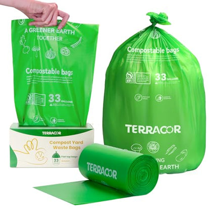 30-33 Gallon Compostable Trash Bags Liners Flat-Top, Heavy Duty Extra Thick 1.28 Mil, 124.92 Liter, 30 Bags, Lawn, Yard, and Restaurant Use, ASTM D6400, US BPI Certified - color: 33 Gal