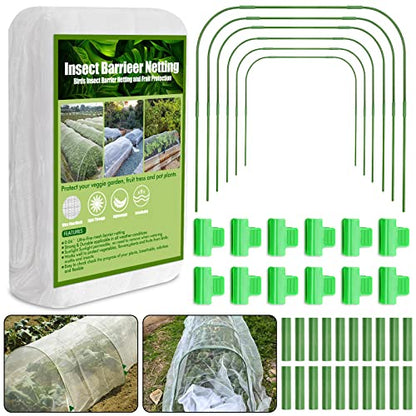 67pcs Garden Mesh Netting Kit, 6 Sets Wide Garden Hoops with Garden Covers - color: White+green