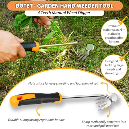 Uprooting Weeding Tool - Hand Held Weeder Puller Tool, Rubber Handle, 4 Teeth Weed Remover for Garden Farm Weeding