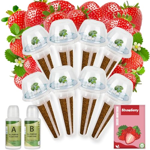 Strawberry Seed pod Kit for Hydroponics Compatible with Aerogarden, Includes Seed, Grow Sponges, Baskets, Domes, A&B Plant Food - Hydroponics Supplies for Most Brands 8-POD - style: Strawberry
