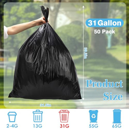 31 Gallon Trash Bags Heavy Duty - 50 Pack Black Large Garbage Bags, Tall 31 Gal Trash Can Liners for Commercial, Kitchen, Yard, Construction Waste, 117 Liter Capacity