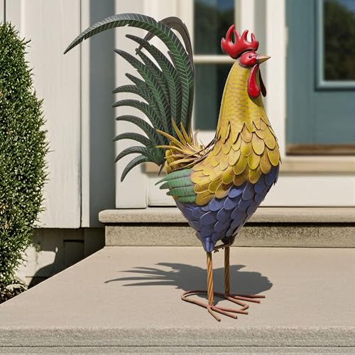 32 in Metal Rooster Statue, Farmhouse Yard & Garden Decor - color: 32"h-xl Rustic Yellow Rooster