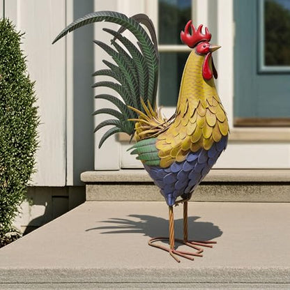 32 in Metal Rooster Statue, Farmhouse Yard & Garden Decor - color: 32"h-xl Rustic Yellow Rooster