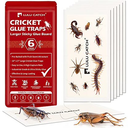 LULUCATCH Cricket Insect Glue Traps - 6 Pack Bug Cockroach Sticky Traps, Large Spider Trap with Pre-Baited Attractant, Highly Effective Glue Boards Indoor, Non-Toxic Pet Safe, Easy to Use - size: 6 Pack