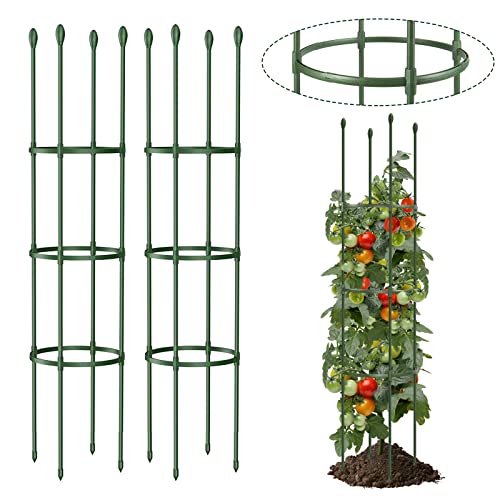 Round Heavy Duty Tomato Cage - 55 Inch Steel Core Plastic Coated Garden Trellis, 4-Post Rustproof Plant Support for Tomato/Cucumber/Beans, No Tools Snap Assembly, Spare Parts Available