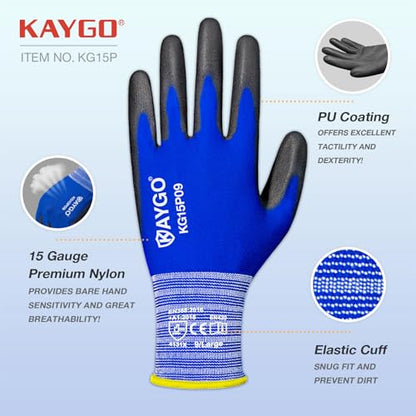 KAYGO Ultra Thin PU Coated Work Gloves, Nylon Knit, KG15P, 12 Pairs - color: Blue, size: XX-Large