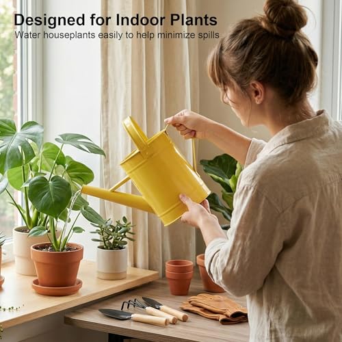 Topadorn 55 oz Metal Watering Can with Long Spout for Indoor Plants, Yellow - color: Yellow