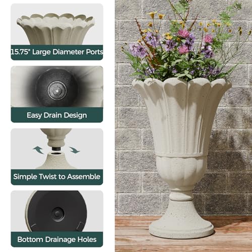 Tall Plastic Urn Planters and Pedestal - 24" Outdoor Planter Beige - color: White-petal