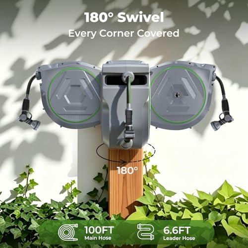 Etoolab Retractable Garden Hose Reel 100+6.6ft x 5/8 in with 9 Spray Nozzle - color: Grey