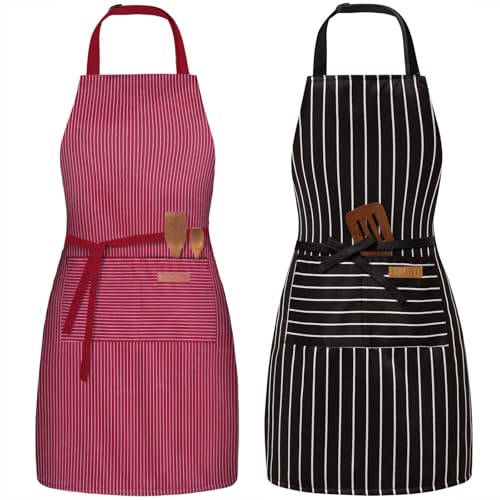 BeLuyi 2 Pack Adjustable Bib Apron with 2 Pockets Chef Cooking Kitchen Restaurant Aprons for Women Men - color: Wine/Black Stripes