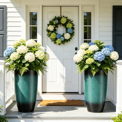 Autodaya 23.8" Tall Outdoor Planters Set of 2 Flower Pot for Outdoor Plants - color: 23.8" Turquoise Ceramic Look