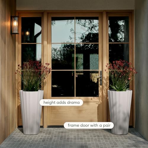 Veradek Column Series Tall Planter - Tapered Outdoor Planter with Shelf - color: White, style: Wide Groove