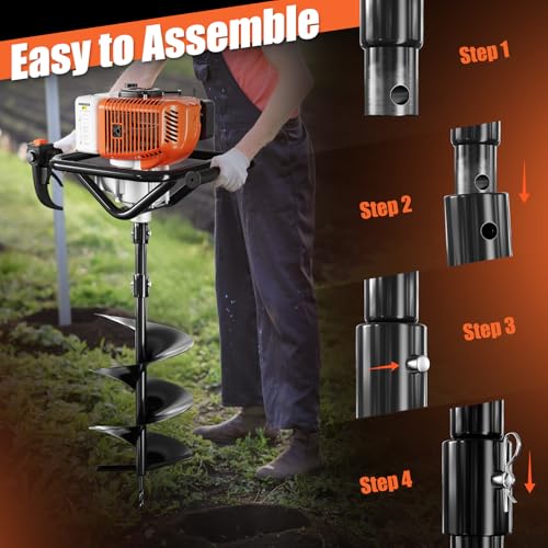Baotree 72cc Gas Powered Post Hole Digger Earth Auger, 6" & 8" Bits, 2 Rods