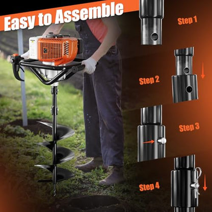 Baotree 72cc Gas Powered Post Hole Digger Earth Auger, 6" & 8" Bits, 2 Rods