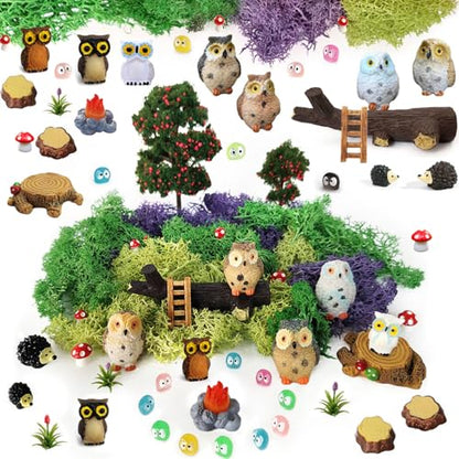 Miniature Garden Accessories, 39 Pcs, Mini Garden Animals Owls with Moss, Miniature Figurines, Model Trees for Micro Landscape DIY Fairy Craft Decor