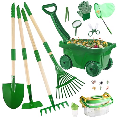 Duckura Kids Gardening Set, Kids Wheelbarrow Tools and Bug Catcher Kit - color: Green-18pcs