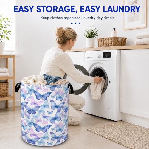 Blue Butterfly Laundry Hamper,Collapsible Laundry Baskets, Dirty Clothes Baskets with Handles,Oxford Cloth Hamper for Bedroom,Bathroom,Laundry Room,College Dorms,16"x20" - color: Blue Butterfly