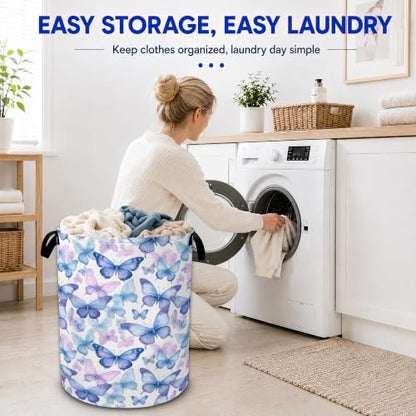 Blue Butterfly Laundry Hamper,Collapsible Laundry Baskets, Dirty Clothes Baskets with Handles,Oxford Cloth Hamper for Bedroom,Bathroom,Laundry Room,College Dorms,16"x20" - color: Blue Butterfly
