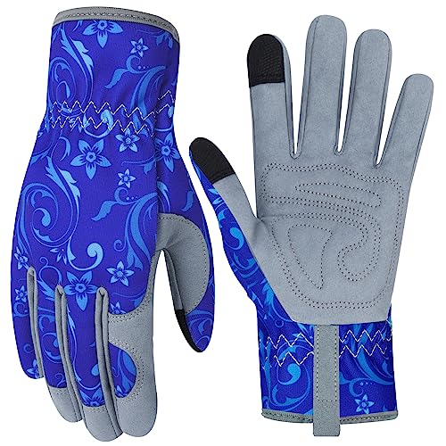 Leather Gardening Gloves for Women Thorn Proof Garden Gloves Touch Screen Working Gloves Gifts,M - color: Blue Flower