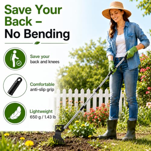 Weed Puller Tool with Long Handle, 61.4 Inch Stand Up Weeder Tool, 4-Claw Stainless Steel Weed Remover, No Bending Manual Dandelion Root Extractor for Lawn Garden Yard Patio