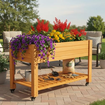 48x24x33 Raised Garden Bed with Wheels, Wood Elevated Planter Box, Natural
