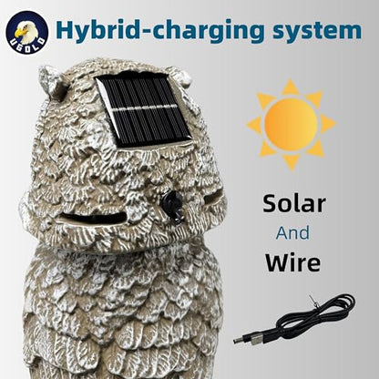 Solar Powered Owl with Motion Detection, Silent Mode, Flashing Eyes, Rotatable Head and Realistic Hoots, Plastic Owl Decoration for Home, Garden, Patio and Fence