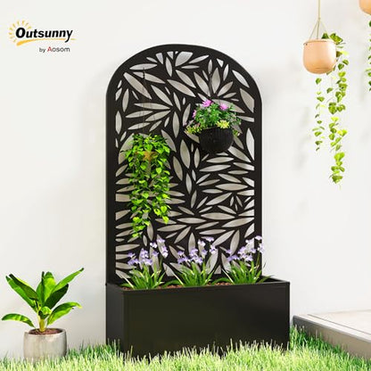 Outsunny Metal Raised Garden Bed with Trellis, Leaves Cut-Out - style: Leaves Cut-Out