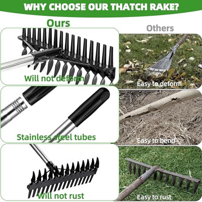 Thatch Rake for Lawns 36-63" Stainless Steel Adjustable Handle