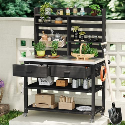 Outdoor Potting Bench Table with Lockable Wheels, Fir Wood Garden Workstation with Stainless Steel Top, Side Rack and Storage Drawers, Farmhouse Potting Table for Outside, Patio, Backyard,Black