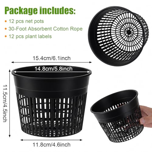 Net Cups Hydroponics 12 Pack, 6 Inch Mesh Pots with Wick Cord - color: Black