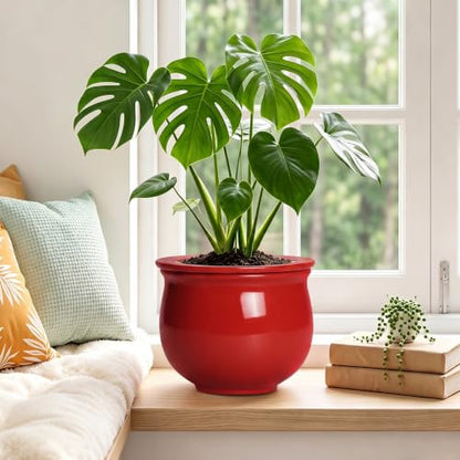 8 Inch Ceramic Self Watering Pots with Absorbent Inner Pot, Red - color: Red, size: 8 Inch