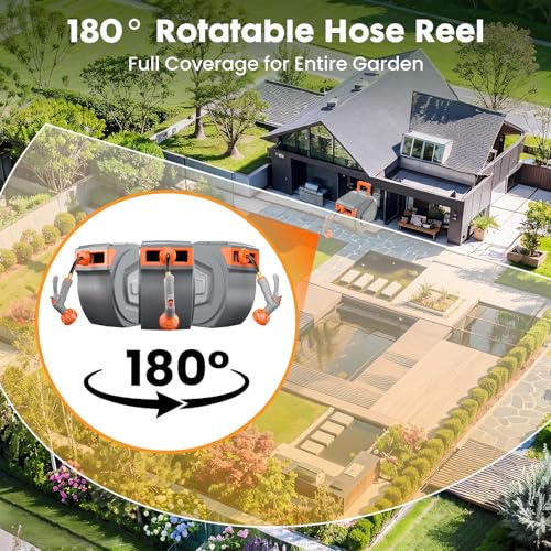 NEWBULIG Garden Hose Reel, 1/2" x 100 ft Retractable Heavy Duty Water Hose - color: Orange, size: 1/2" x 100 FT