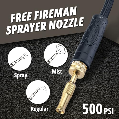 Hydrosteel PRO 100 Ft Heavy Duty Metal Garden Hose with Nozzle, Water Hose Made from 304 Stainless Steel, Flexible, Lightweight, Brass Crush Resistant Fittings, Kink Free, 5/8” Diameter, 600 PSI - size: 100 Feet