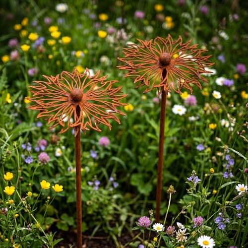 Hicarer 2 Pcs Rusty Metal Flower Garden Stakes Wildflower Yard Decor