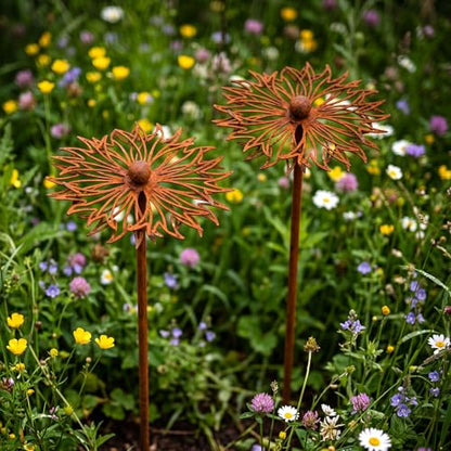 Hicarer 2 Pcs Rusty Metal Flower Garden Stakes Wildflower Yard Decor
